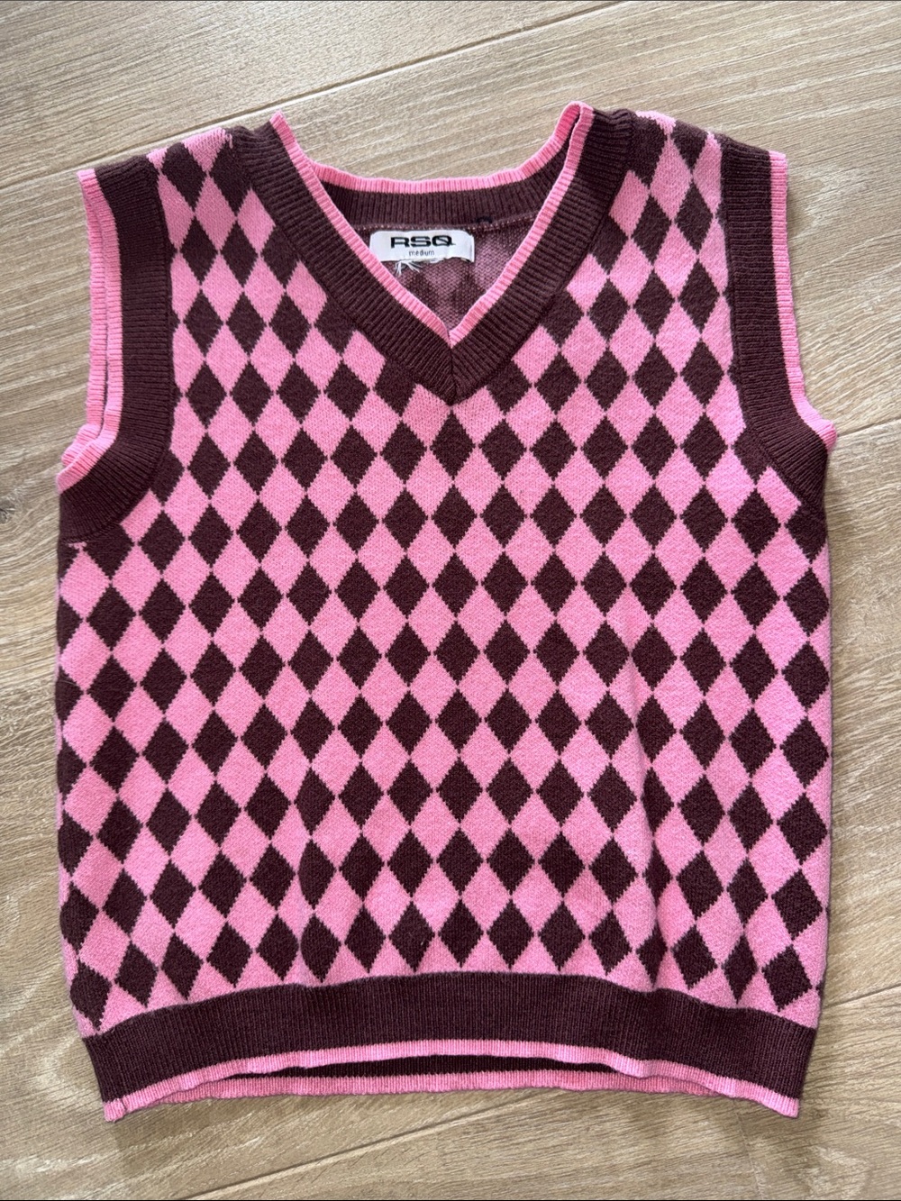 RSQ Pink & Brown Argyle Knit Vest